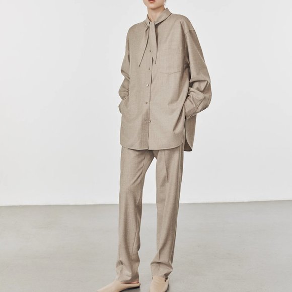 CHICJOC Women Italian high-end wool flannel knotted collar shirt - Picture 7 of 16